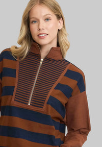 Striped Half Zip Up Top - Navy