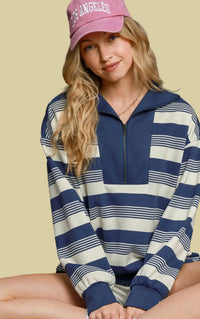 Striped Half Zip Top - Denim
