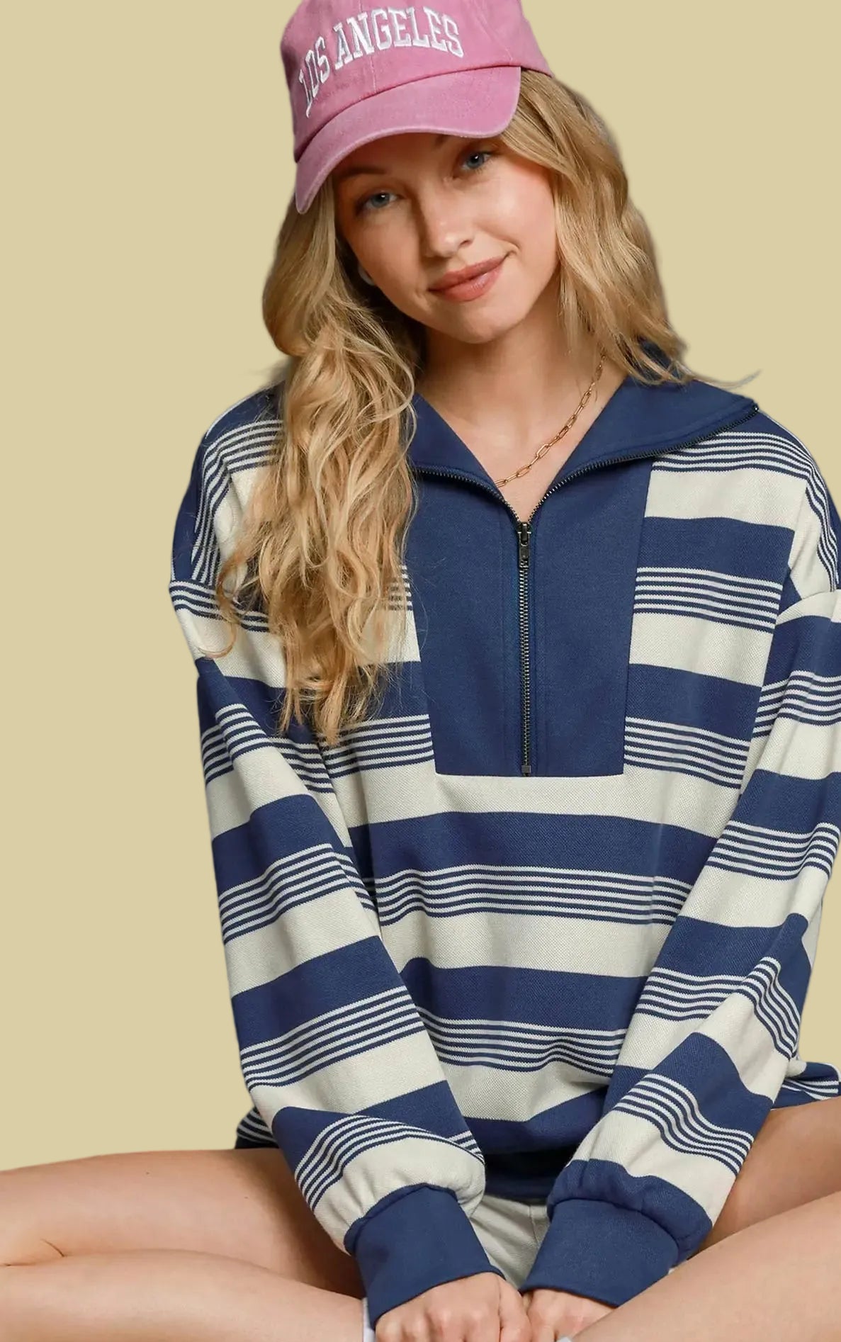 Striped Half Zip Top - Denim