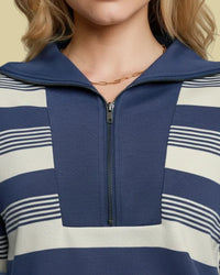 Striped Half Zip Top - Denim