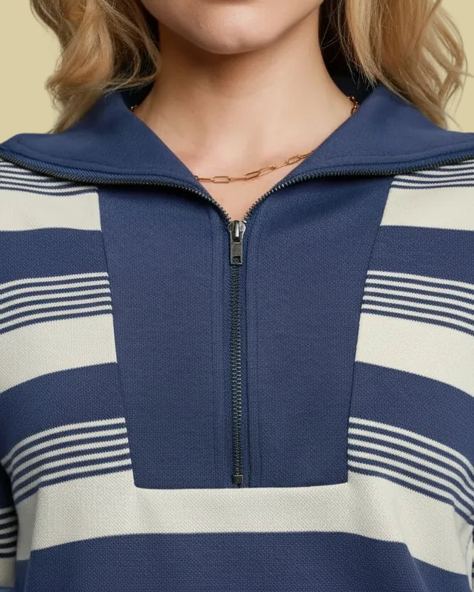 Striped Half Zip Top - Denim