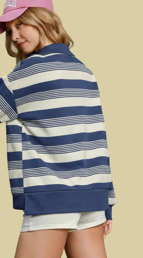 Striped Half Zip Top - Denim