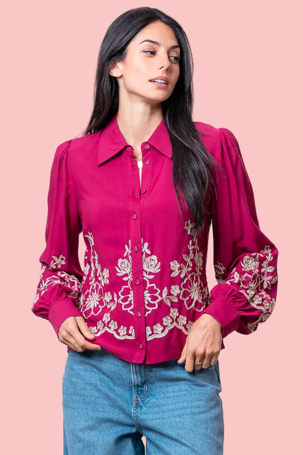 Flower Embroidered Shirt - Pink