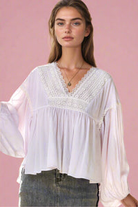 V-neck Lace Balloon Sleeve Blouse