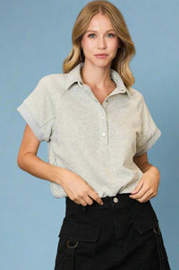 Snap Button Collared Top - Grey