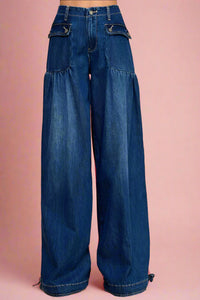 Ankle Drawstring Wide Leg Jeans - Dark Wash