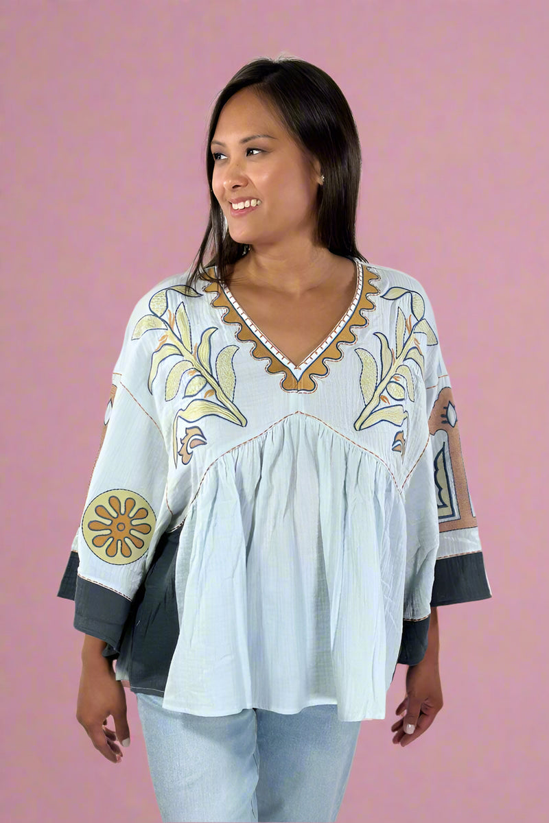 Embroidered Gauzy Top - Dusty Blue