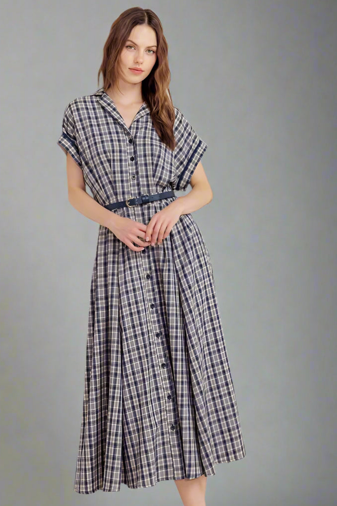 Woven Plaid Midi Dress - Navy