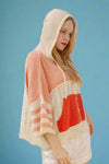 Stripe Distressed Knit Hoodie - Coral