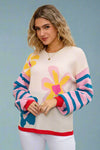 Multicolor Floral Striped Knit Sweater - Blue