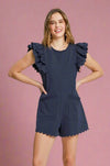 Scalloped Double Ruffle Romper - Navy