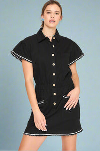 Button Down Ruffle Dress - Black