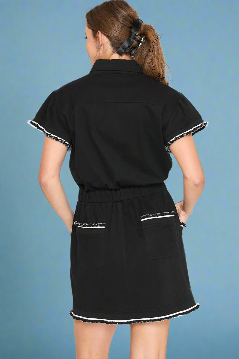 Button Down Ruffle Dress - Black