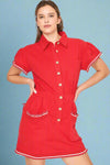 Button Down Ruffle Dress - Red