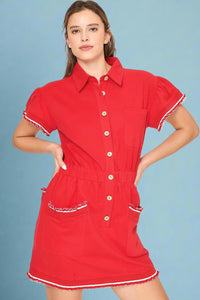 Button Down Ruffle Dress - Red