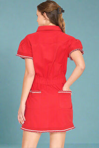 Button Down Ruffle Dress - Red