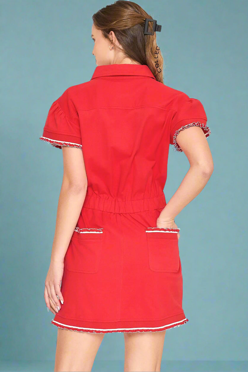 Button Down Ruffle Dress - Red
