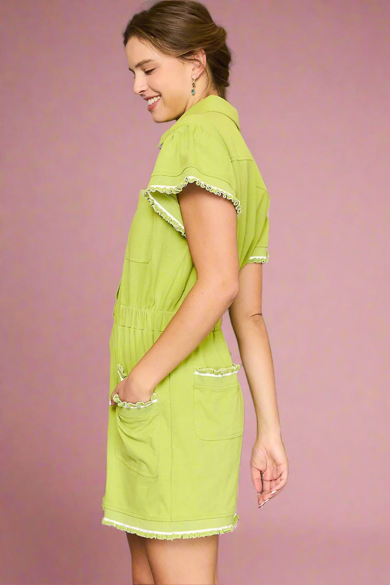 Button Down Ruffle Dress - Tea Green