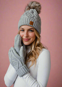Light Gray Cable Knit Pom Hat