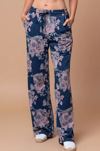 Flower Straight Jersey Pants - Navy