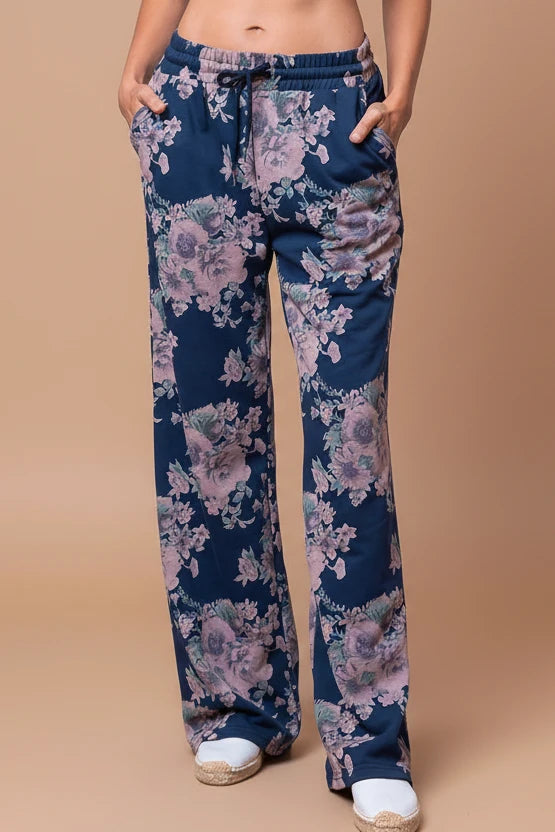 Flower Straight Jersey Pants - Navy