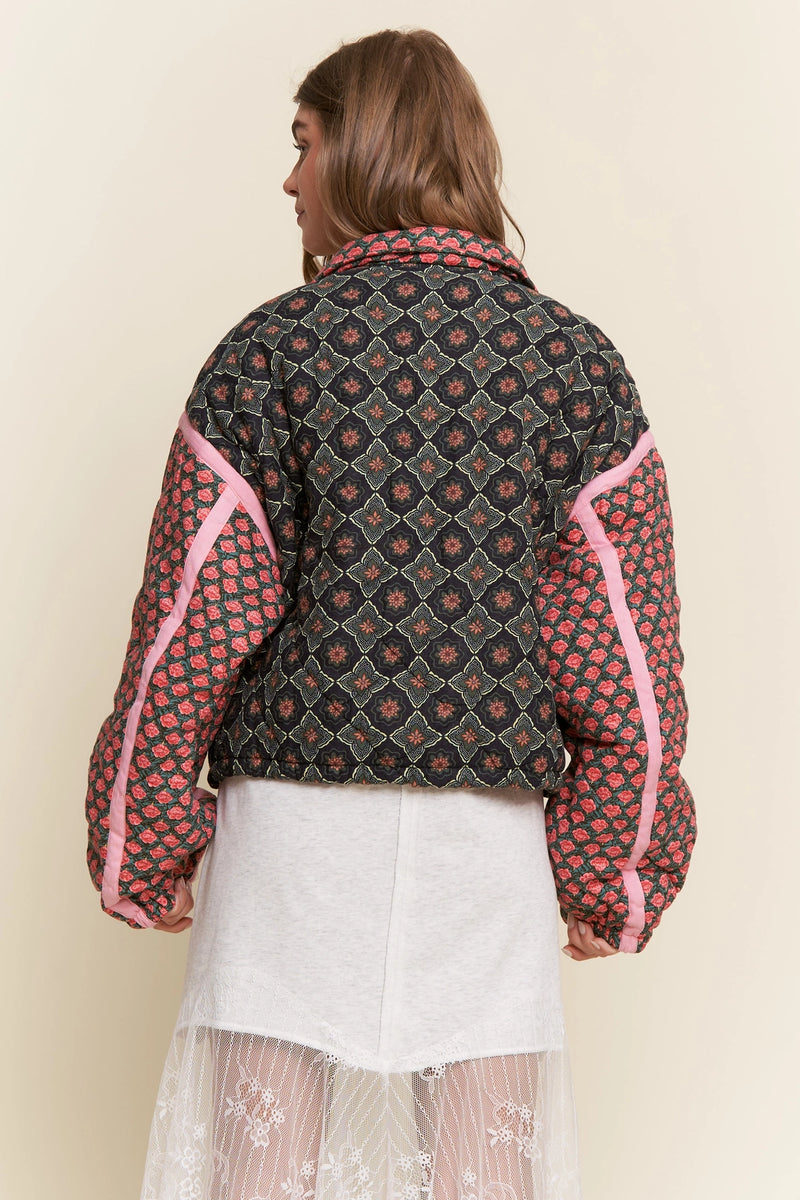 Floral Pattern Padded Jacket - Pink