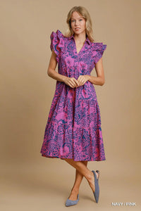 Two Tone Paisley Midi Dress - Navy
