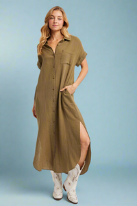 Button Up Maxi Shirt Dress - Olive