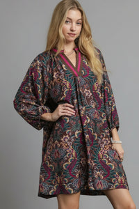 Floral Damask Collared Dress - Caramel