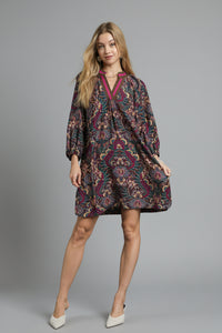 Floral Damask Collared Dress - Caramel