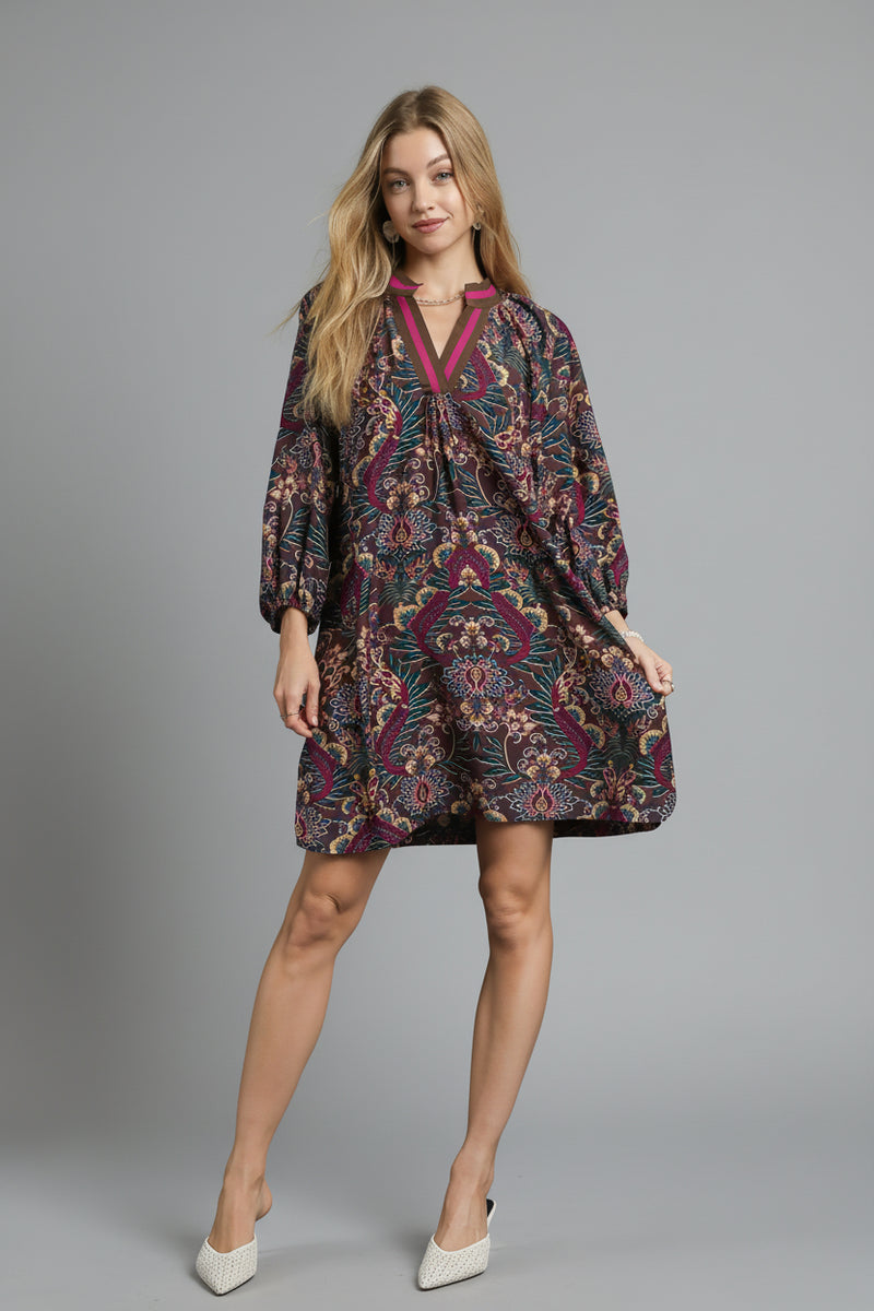 Floral Damask Collared Dress - Caramel