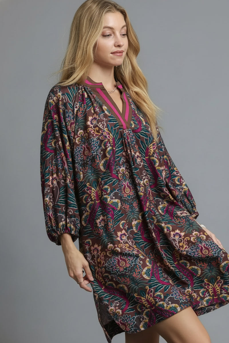 Floral Damask Collared Dress - Caramel