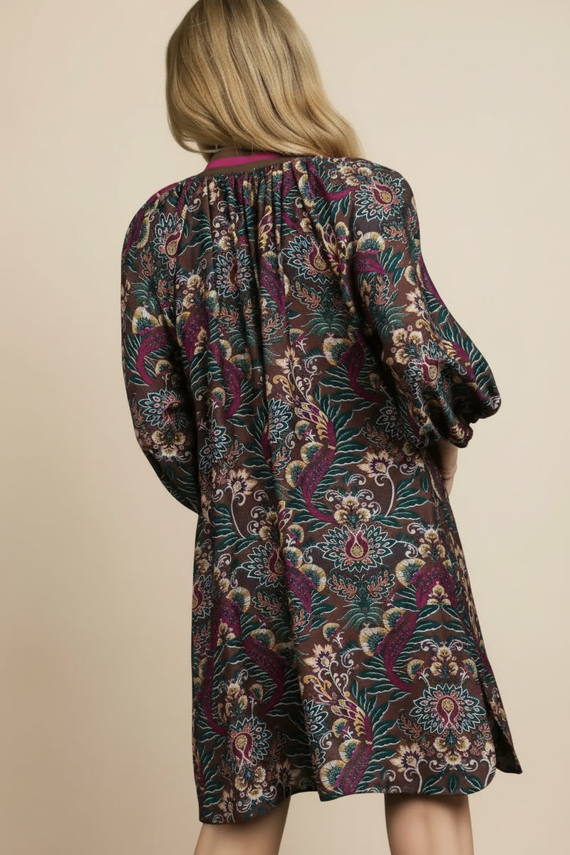 Floral Damask Collared Dress - Caramel