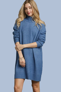 Cozy Turtleneck Sweater Dress - Blue
