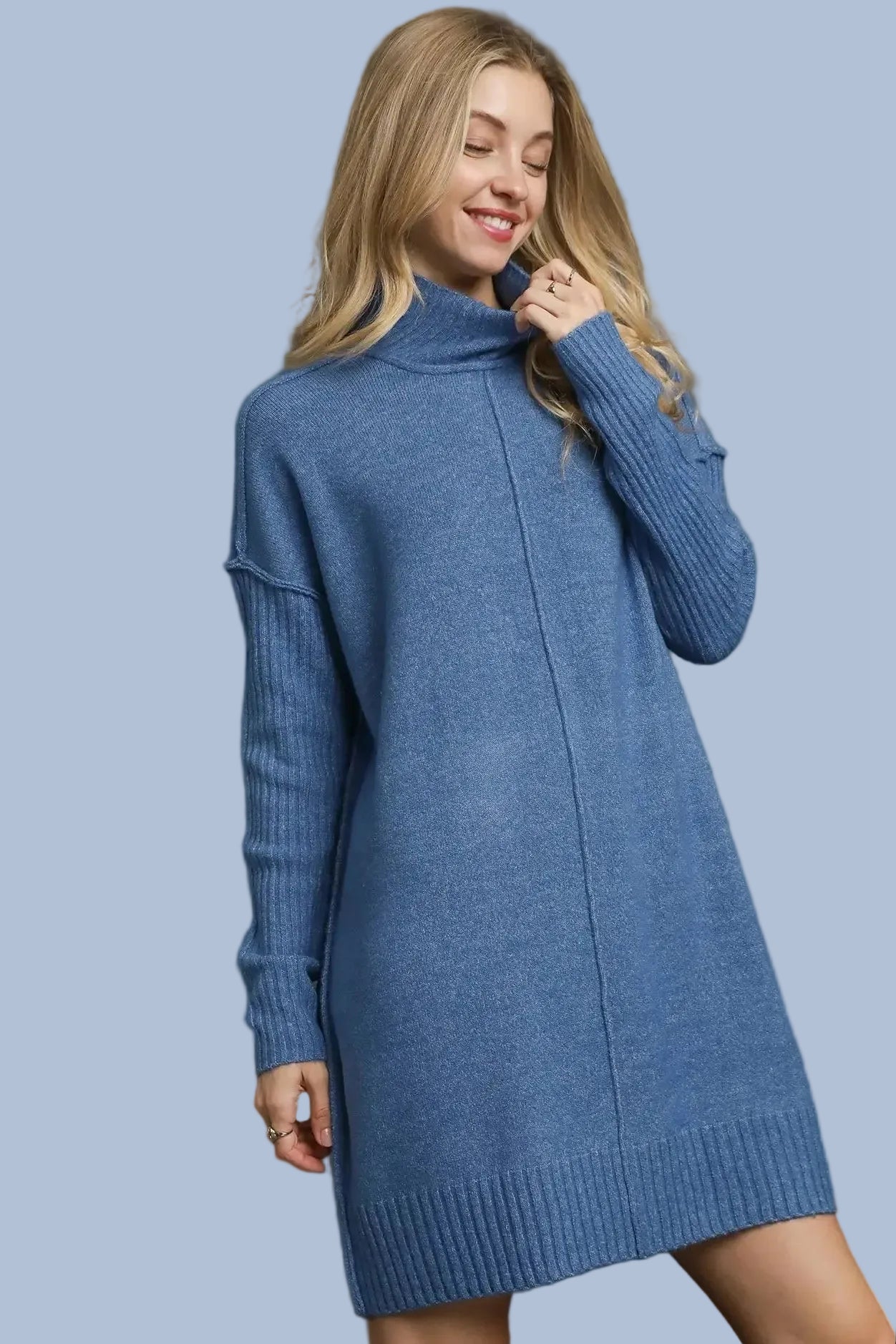 Cozy Turtleneck Sweater Dress - Blue Ribbed Short Umgee Knit Dress Spot Cozy Turtleneck Sweater Dress - Blue Ribbed Short Umgee Knit Dress Spot