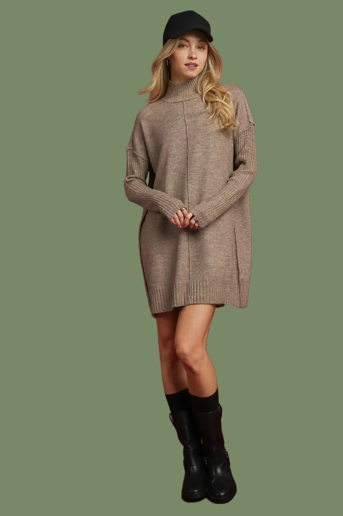 Cozy Turtleneck Sweater Dress - Mocha