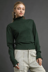 Ruffle Mock Neck Sweater - Hunter Green