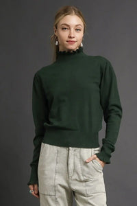 Ruffle Mock Neck Sweater - Hunter Green