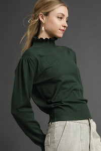 Ruffle Mock Neck Sweater - Hunter Green