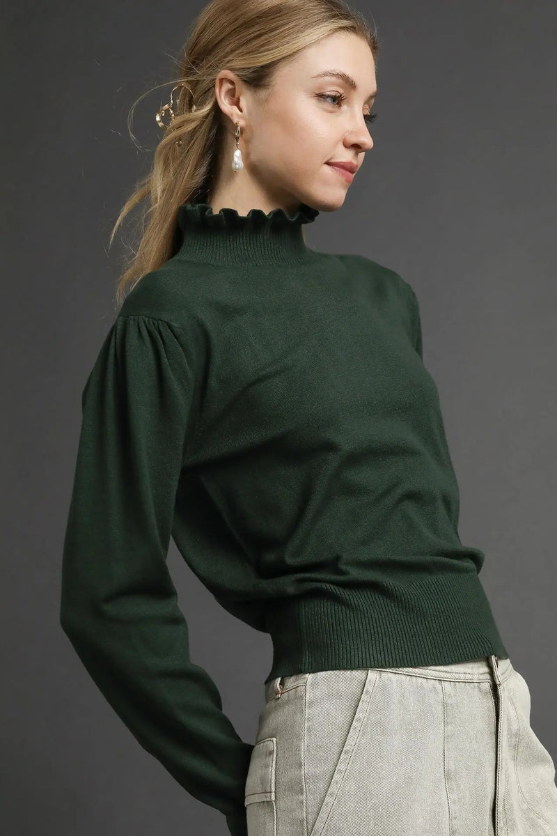 Ruffle Mock Neck Sweater - Hunter Green
