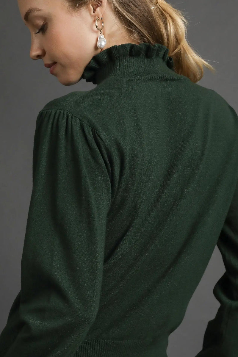 Ruffle Mock Neck Sweater - Hunter Green
