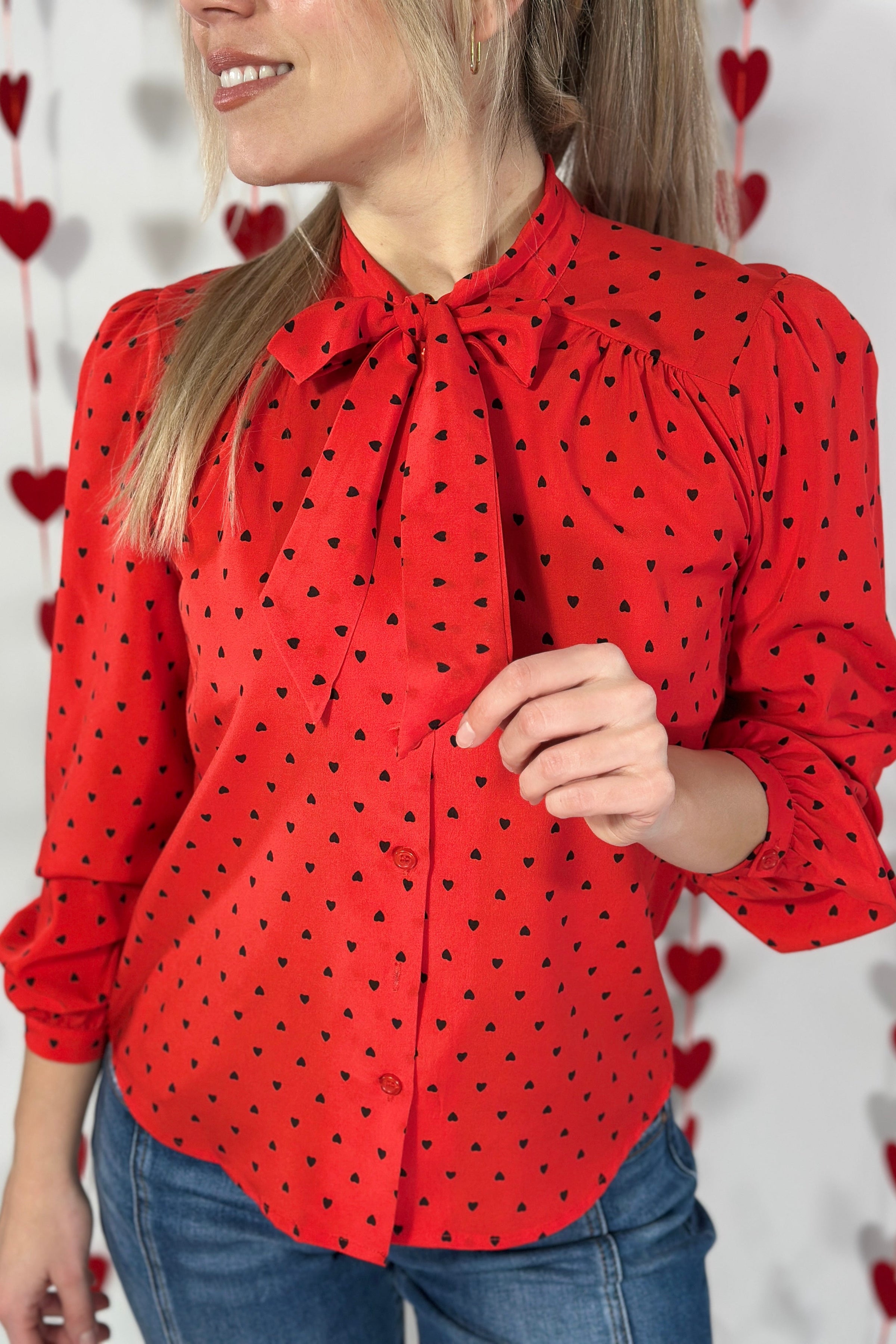 Bow Blouse With Hearts - Red