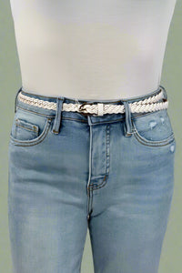 Faux Leather Skinny Braided Belt - White