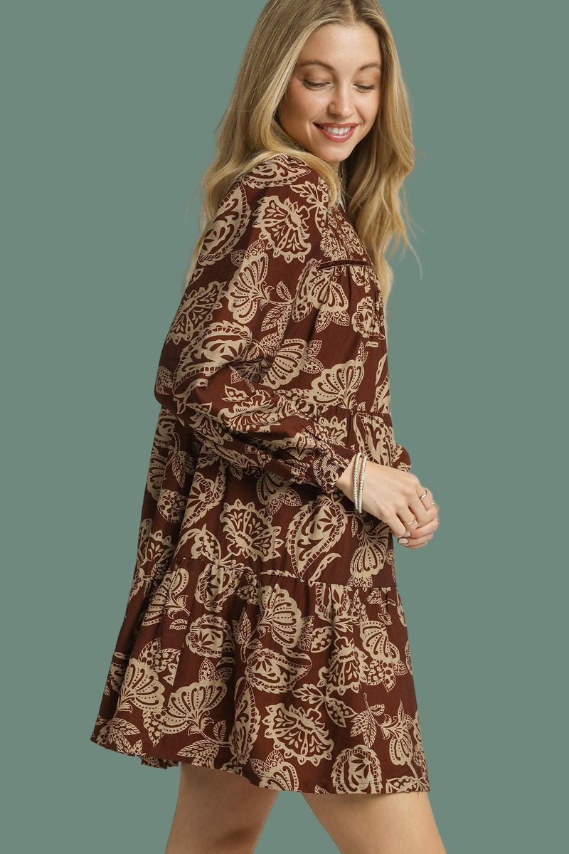 Floral Smocked Tiered Mini Dress - Brown