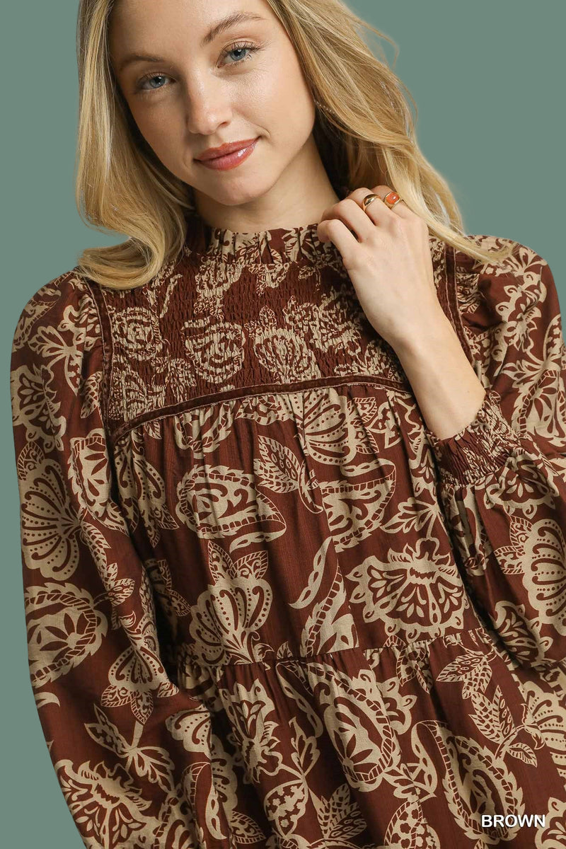 Floral Smocked Tiered Mini Dress - Brown