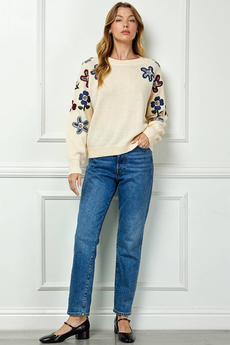 Sweater With Floral Sleeve Embroidery
