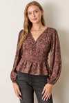 Printed V Neck Top - Mahogany
