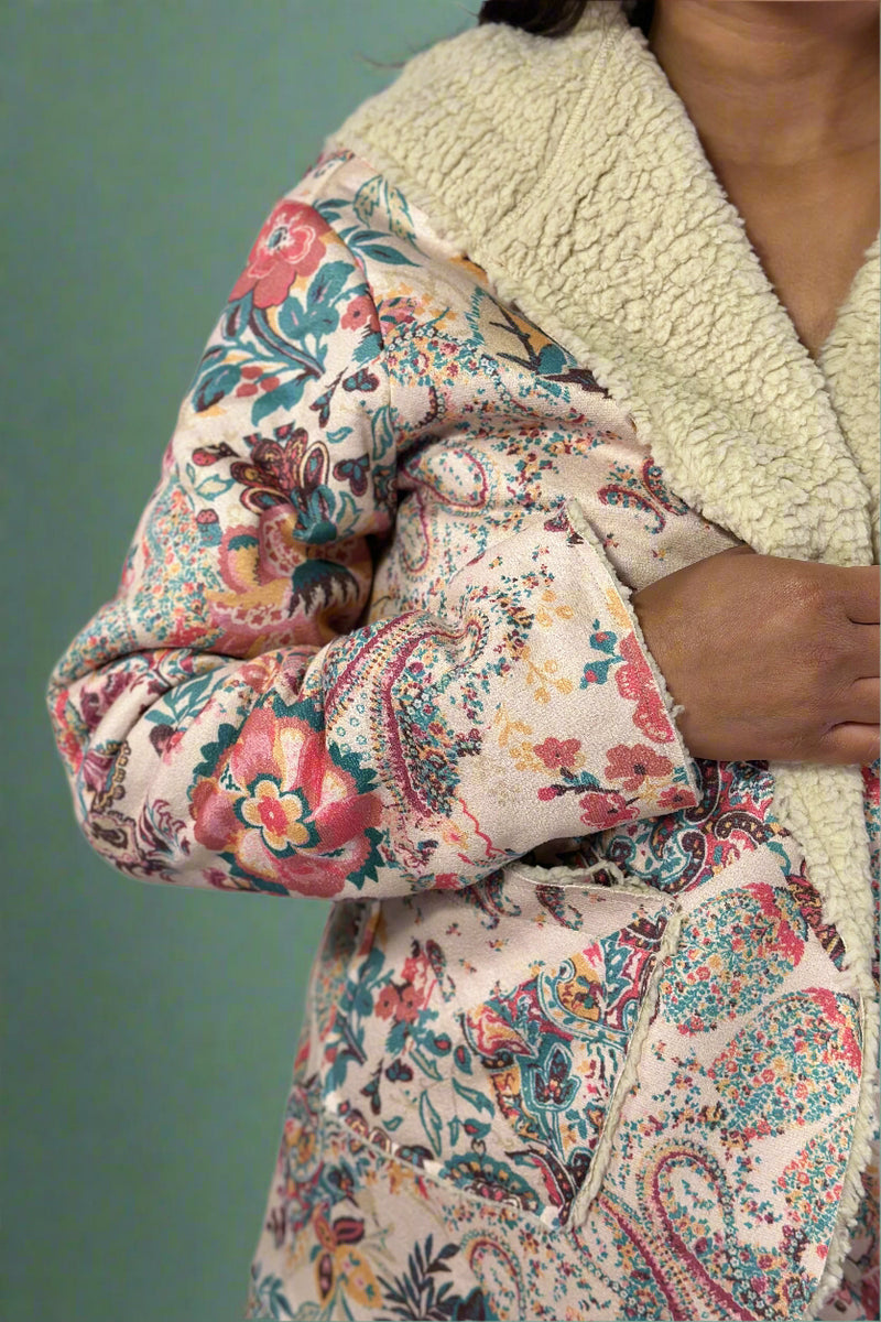 Paisley Floral Sherpa Hooded Jacket - Beige