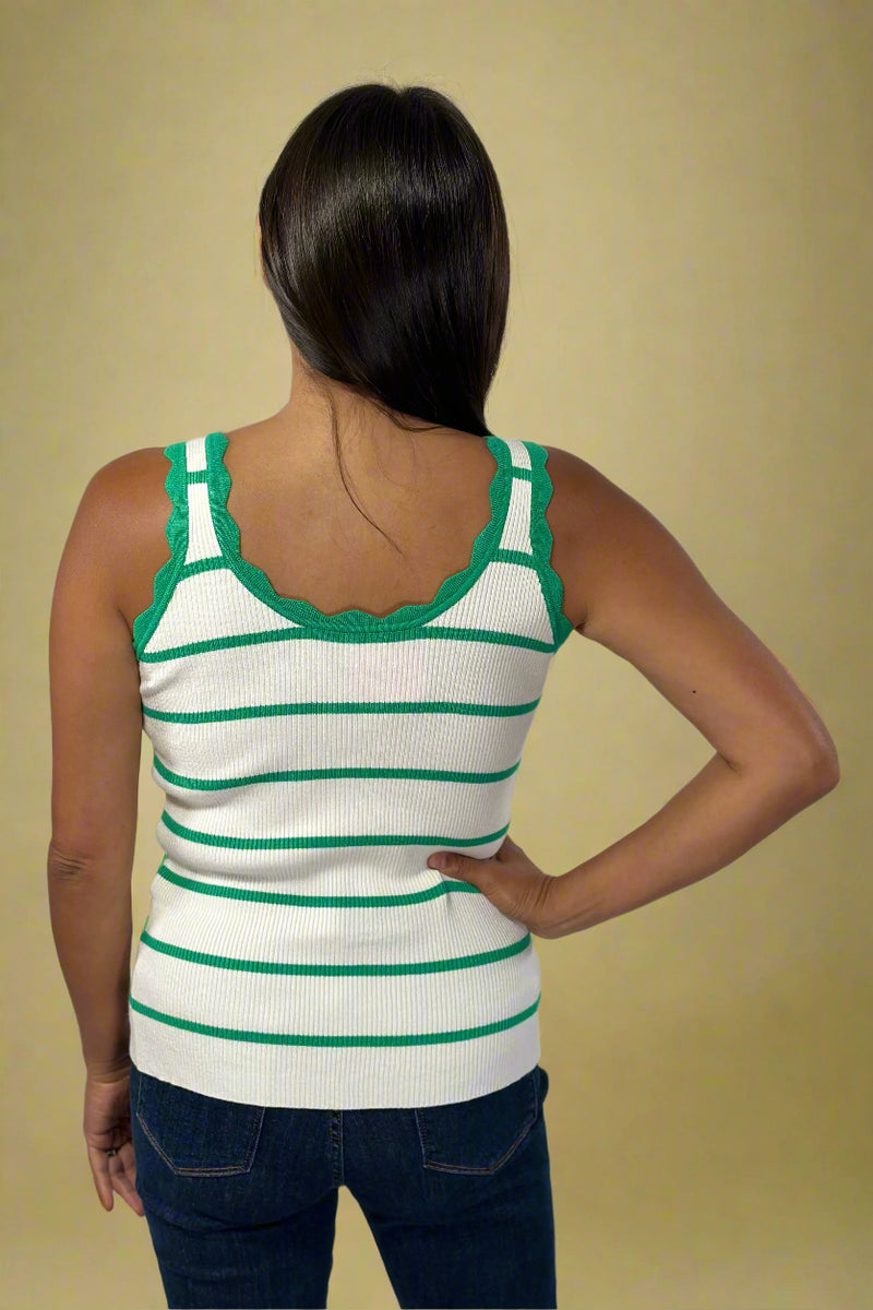 Scalloped Edge Knit Striped Tank Top - Bright Green