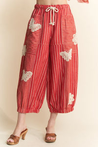 Striped Barrel Embroidered Pants - Red